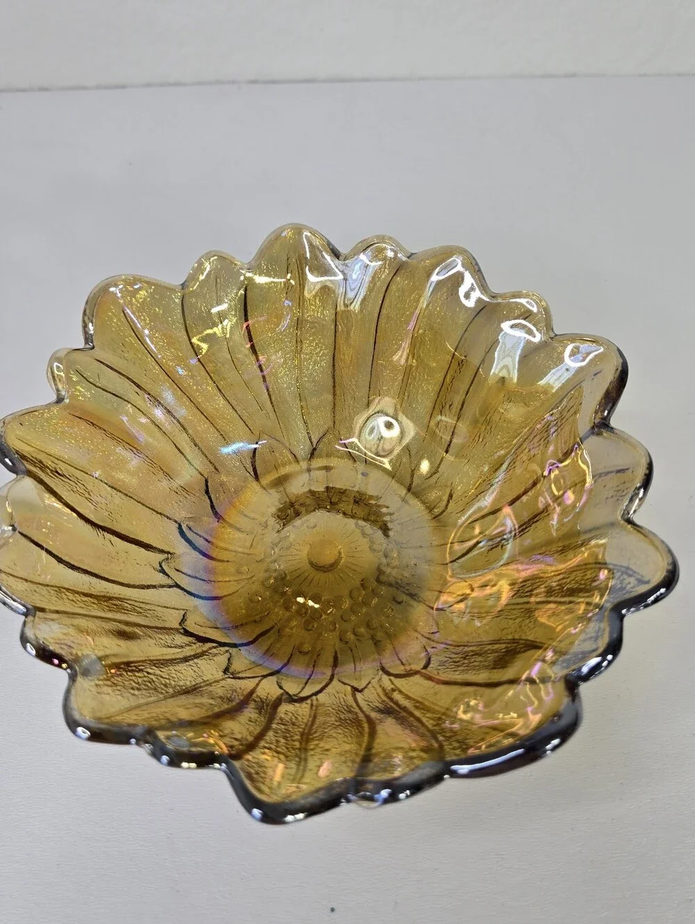 Vintage Indiana Iridescent Carnival Glass Marigold Sunflower Candy/Trinket Dish